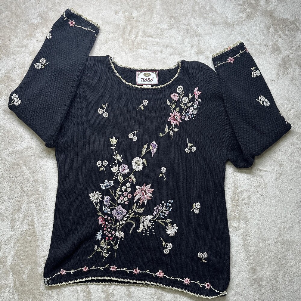 Vintage Tiara International Sweater Womens XL Floral Embroidered Beaded 00s